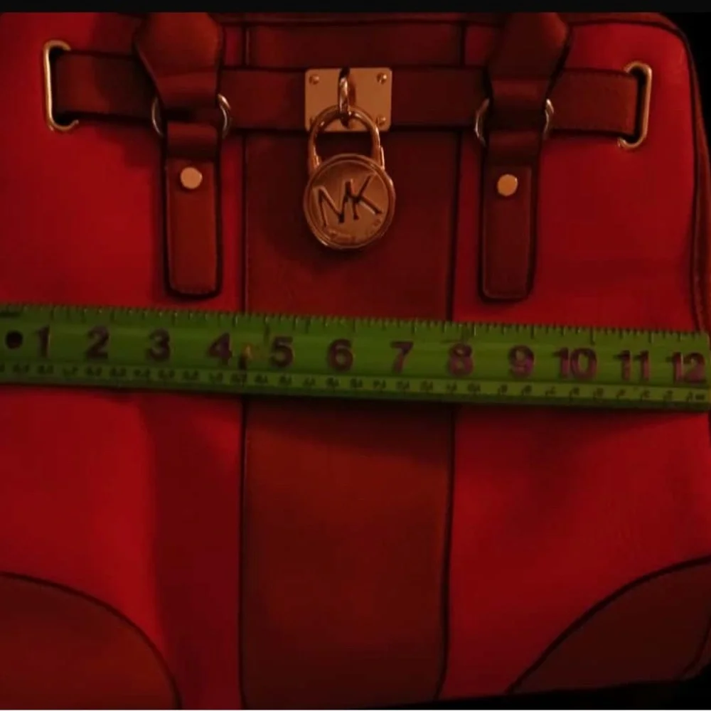 Reddish Coral and Tan MK Satchel with Structured Design - Picture 3 of 7